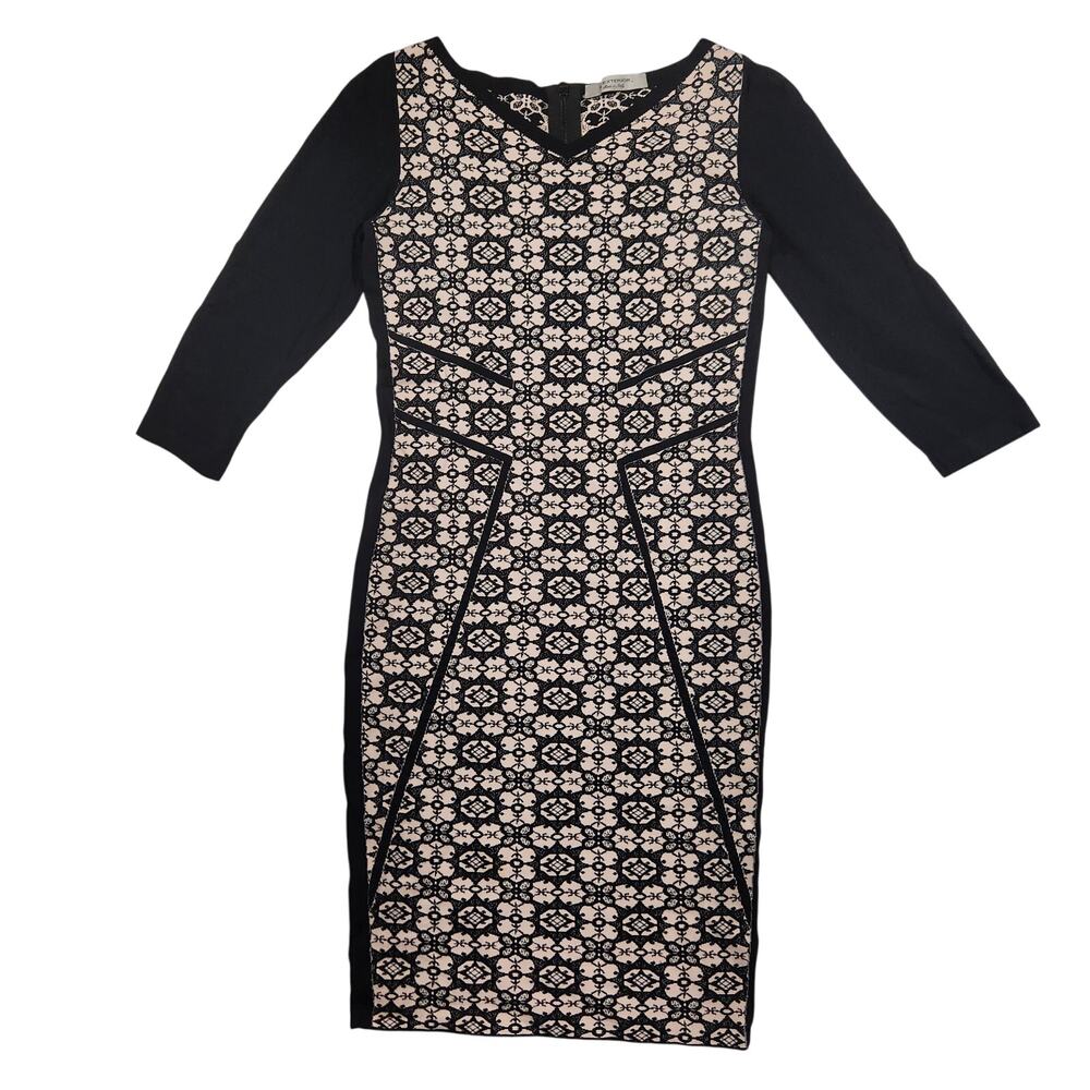 D. Exterior Sheath Dress‎ Sz L 3/4 Sleeve Stretch Black Tan Office Siren Mad Men